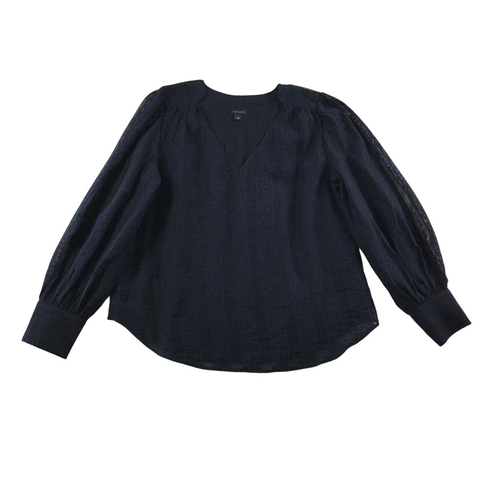 Ann Taylor Navy Blue Embroidered V-Neck Balloon Sleeve Blouse Large L Striped